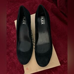 leather brand new black suede wedge shoes